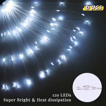 白色6包装120 LED 8模式太阳能烟花灯，户外花园防水烟花灯，用于人行道通道后院草坪景观，充满活力的树木装饰棒串灯