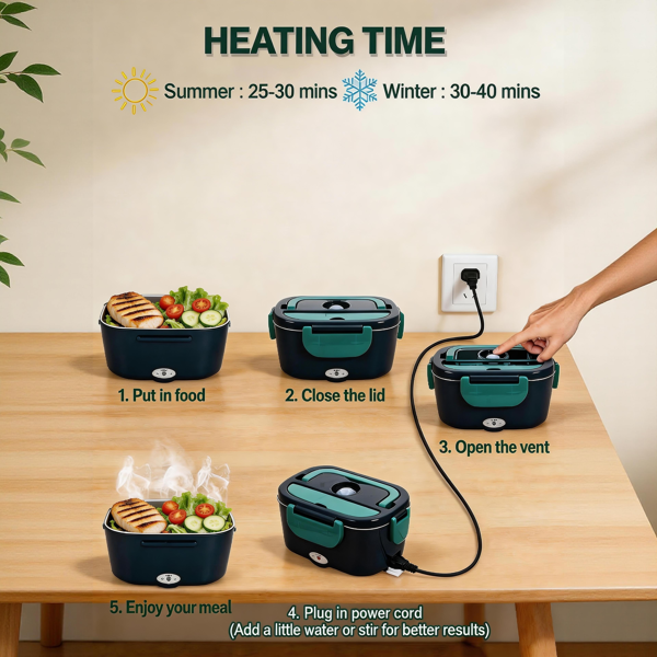 "电动午餐盒食物加热器，90W 便携式加热饭盒，适用于汽车/卡车/工作场景，配备304不锈钢内胆，12V/24V/110V通用，绿色款，是司机、上班族及送礼的理想之选  "-2
