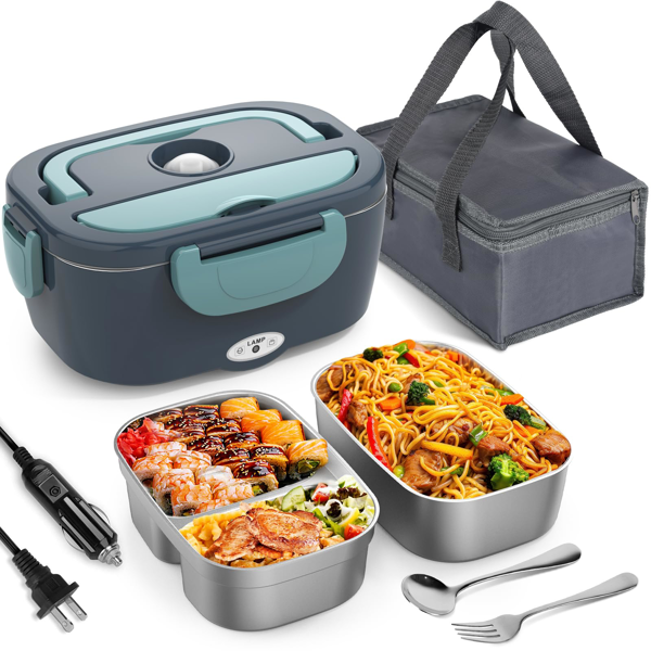 "电动午餐盒食物加热器，90W 便携式加热饭盒，适用于汽车/卡车/工作场景，配备304不锈钢内胆，12V/24V/110V通用，绿色款，是司机、上班族及送礼的理想之选  "-1