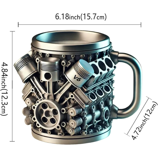 V6发动机造型不锈钢杯 6.5×4.9×5.9英寸 手工制作 12盎司，坚固耐用且时尚美观，是汽车爱好者的理想之选。V6发动机造型不锈钢杯 12盎司 手工制作带手柄金属杯，适合咖啡和啤酒，是送给汽车爱好者的绝佳礼物-4