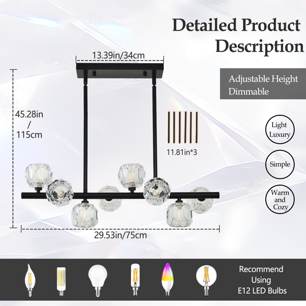 29.53" Modern Crystal Chandelier for Dining Room, 8-Light Black Pendant Lightsfor Kitchen Island Bedroom,Over Table,Living Room-9