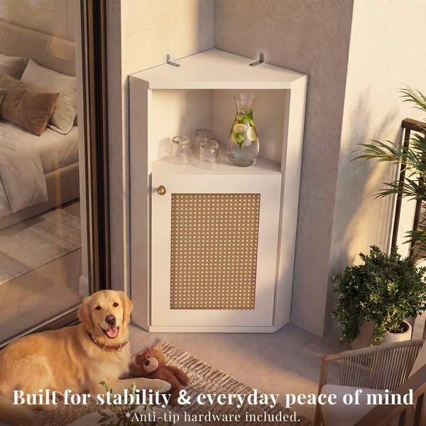 OMCMUU Rattan Corner Cabinet with Adjustable Shelf, Modern Small Bathroom Storage, Narrow Freestanding Storage for Living Room, Kitchen, Bathroom, White-5