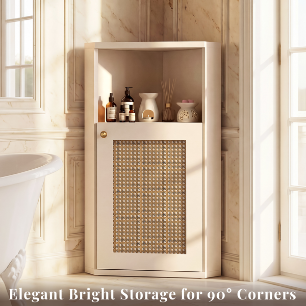 OMCMUU Rattan Corner Cabinet with Adjustable Shelf, Modern Small Bathroom Storage, Narrow Freestanding Storage for Living Room, Kitchen, Bathroom, White-2