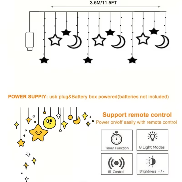 暖色11.5 英尺装饰星空串幕灯月亮和星星 LED 夜灯适合家居装饰派对，USB 供电-2