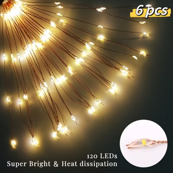 暖白色6包装120 LED 8模式太阳能烟花灯，户外花园防水烟花灯，用于人行道通道后院草坪景观，充满活力的树木装饰棒串灯