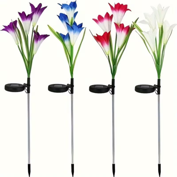 4包太阳能灯，有16个更大的人造百合花，多色变色灯，太阳能花园装饰灯，庭院草坪通道(粉色+紫色+白色+蓝色)