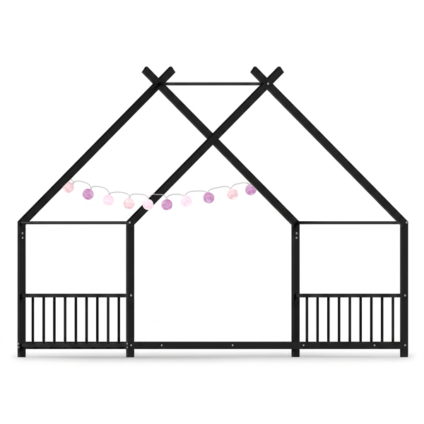 黑色 平板床房子造型带侧护栏 Twin 儿童铁床 美国-1