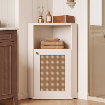OMCMUU Rattan Corner Cabinet with Adjustable Shelf, Modern Small Bathroom Storage, Narrow Freestanding Storage for Living Room, Kitchen, Bathroom, White