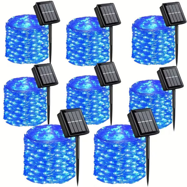 8件装蓝色太阳能仙女灯串，330颗LED户外太阳能圣诞灯，8种模式有线太阳能闪烁灯串，适用于圣诞树、婚礼派对、花园庭院-1