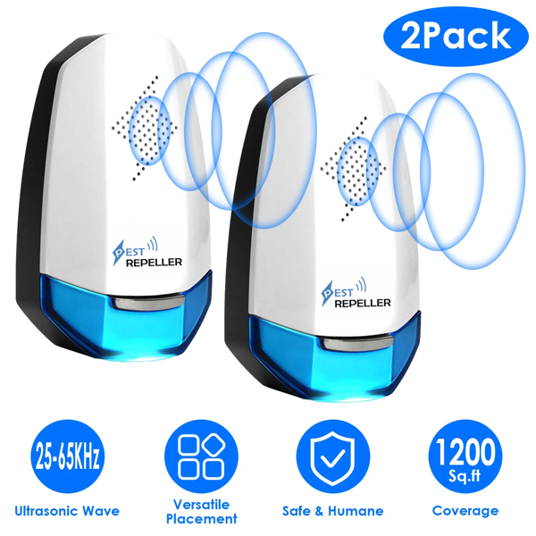 2件装超声波驱虫器，带夜灯，插电式驱虫器，适用于室内驱赶老鼠、蟑螂、床虱、鼠类及蚊虫，适用于卧室、车库、仓库及办公室-1