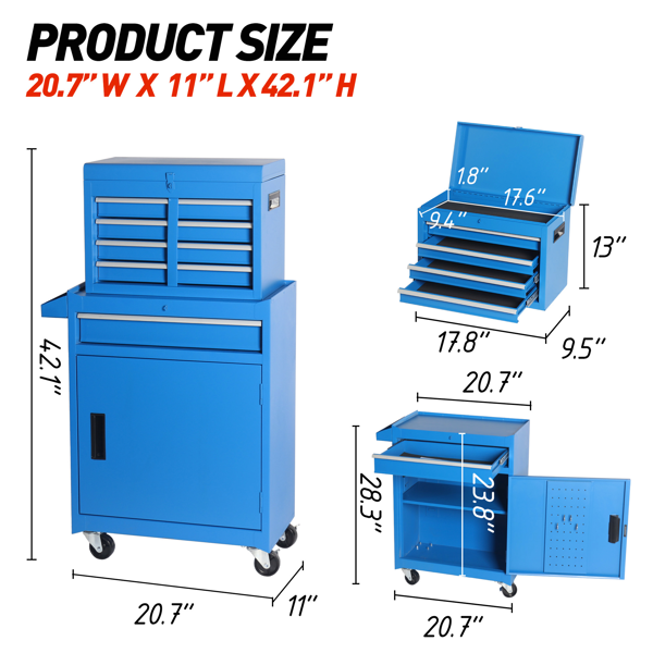 工具箱，5 抽屉滚动工具储物柜，带可拆卸顶部工具箱、内衬、通用可锁轮、可调节搁板、锁定装置、金属工具车，适用于车库车间-3