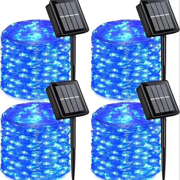 4件装蓝色太阳能仙女灯串，330颗LED户外太阳能圣诞灯，8种模式有线太阳能闪烁灯串，适用于圣诞树、婚礼派对、花园庭院-1