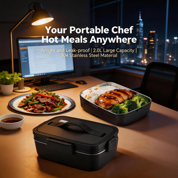 90W 车载电动加热饭盒 12V24V110V 便携式食物加热器 304 不锈钢内胆黑色款 货车办公家用司机上班族热饭便当盒送礼佳品-5