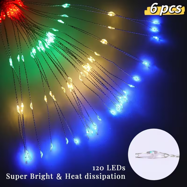 多色6包装120 LED 8模式太阳能烟花灯，户外花园防水烟花灯，用于人行道通道后院草坪景观，充满活力的树木装饰棒串灯-1
