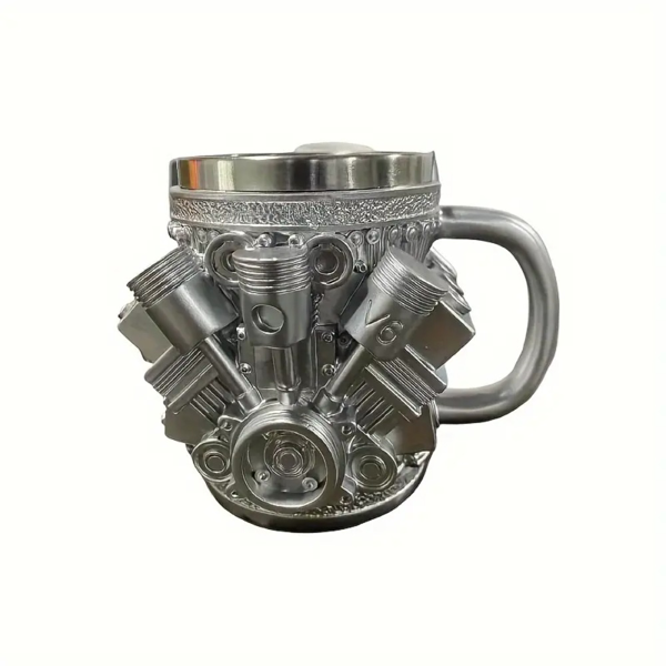 V6发动机造型不锈钢杯 6.5×4.9×5.9英寸 手工制作 12盎司，坚固耐用且时尚美观，是汽车爱好者的理想之选。V6发动机造型不锈钢杯 12盎司 手工制作带手柄金属杯，适合咖啡和啤酒，是送给汽车爱好者的绝佳礼物-2