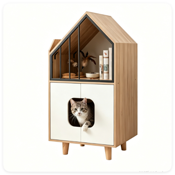 天然和白色隐藏式猫砂箱家具，高架猫休息室顶部封闭式猫卫生间橱柜，带抬高的腿，适用于客厅卧室公-1