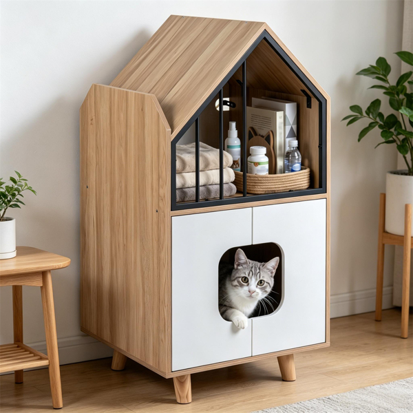 天然和白色隐藏式猫砂箱家具，高架猫休息室顶部封闭式猫卫生间橱柜，带抬高的腿，适用于客厅卧室公-3