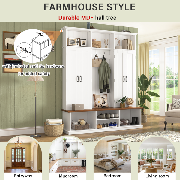 VIBE HAUS 62.2英寸宽玄关衣帽架（带长椅、3个顶部储物格及底部储物空间），美式农舍风格衣帽架（配挂钩与柜体），适用于玄关、走廊、门厅及客厅-11