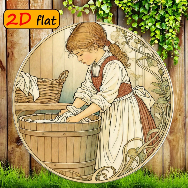 CIFbuy 2D 平面圆形铝制标牌，“复古洗衣少女墙面装饰” 英寸户外厨房适用（TikTok, temu 自提物流）-6