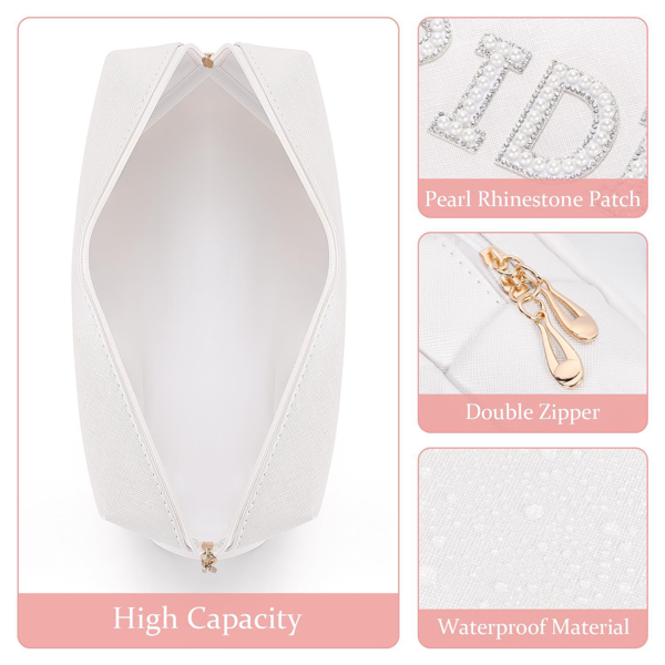 White makeup bag for brides to be, exquisite pearl rhinestone MRS logo makeup storage bag, portable waterproof leather toiletry bag, suitable for bachelor parties and honeymoon travel-2