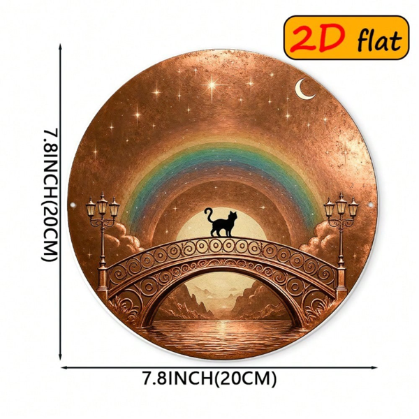 CIFbuy 2D 平面圆形铝制标牌 7.87×7.87 英寸，“7” 英寸，拱桥黑猫搭配星空彩虹夜景图案（TikTok, temu 自提物流）-7