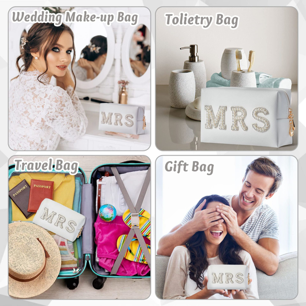 White makeup bag for brides to be, exquisite pearl rhinestone MRS logo makeup storage bag, portable waterproof leather toiletry bag, suitable for bachelor parties and honeymoon travel-4