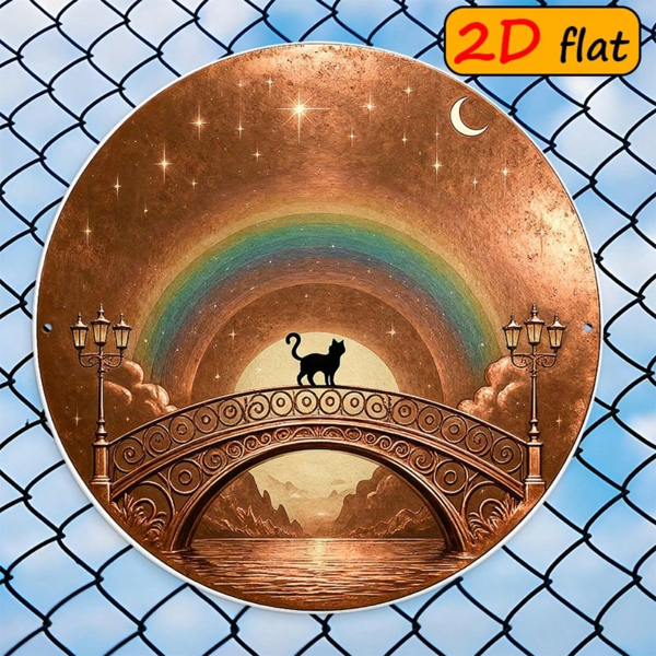 CIFbuy 2D 平面圆形铝制标牌 7.87×7.87 英寸，“7” 英寸，拱桥黑猫搭配星空彩虹夜景图案（TikTok, temu 自提物流）-1