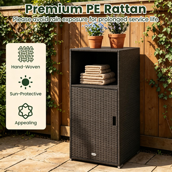 黑色混合柳条花园储物柜，双开闭设计户外工具垫储物柜，用于后院门廊池畔-9