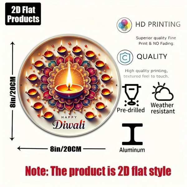 CIFbuy 1 个 8×8 英寸 2D 平面圆形标牌，“复古排灯节新年装饰挂牌” 平面圆形标牌，复古排灯节新年装饰挂牌，客厅、节日庆典、宗教场所礼品（TikTok, temu 自提物流）-3