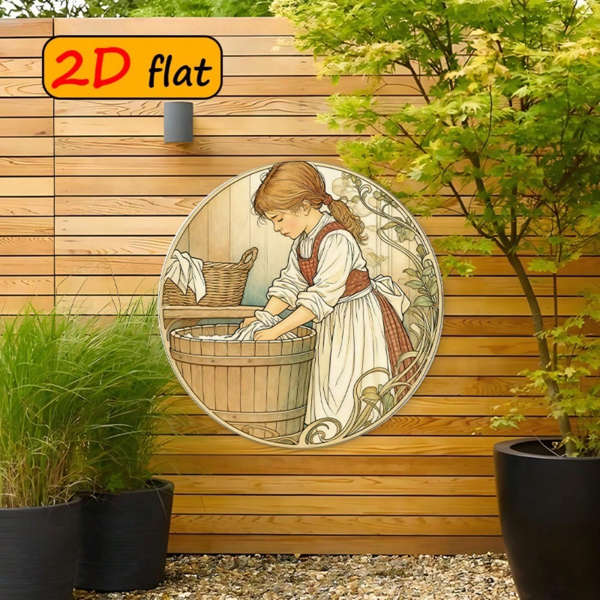 CIFbuy 2D 平面圆形铝制标牌，“复古洗衣少女墙面装饰” 英寸户外厨房适用（TikTok, temu 自提物流）-3