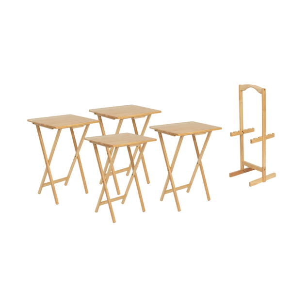 5-Piece Rubberwood Folding TV Tray Table Set of 4 with Storage Rack, Natural view 3