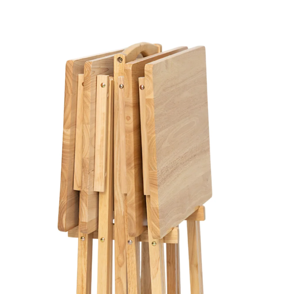 5-Piece Rubberwood Folding TV Tray Table Set of 4 with Storage Rack, Natural view 5