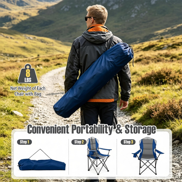 2件套重型折叠露营椅330磅容量，600D牛津垫便携式户外草坪椅，带杯架和手提包-海军蓝-6