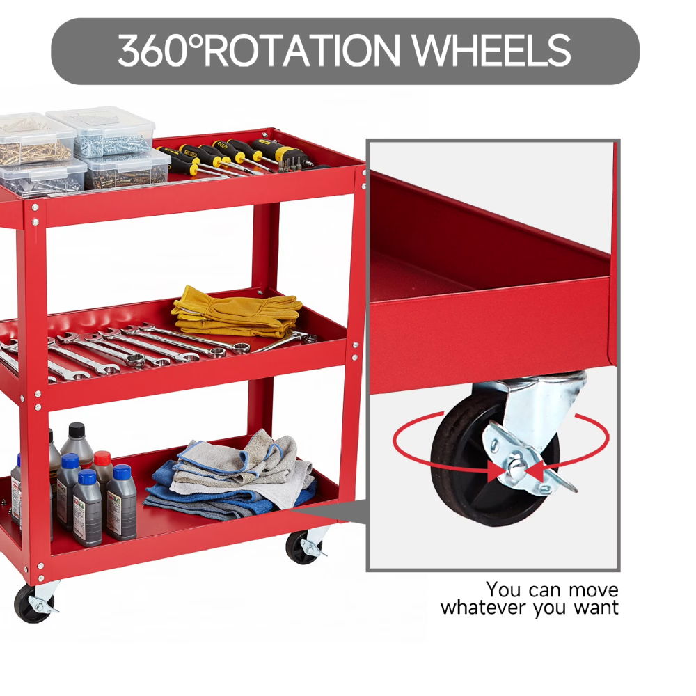 3-Tier Rolling Tool Cart Utility Cart on Wheels, 450 lb Heavy Duty Rolling Tool Cart for Warehouse, Garage view 4