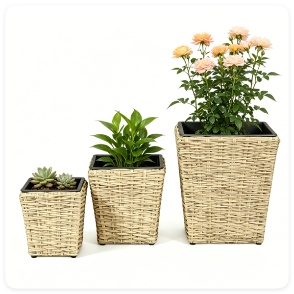 3件套嵌套藤条花盆套装，防紫外线PP柳条植物箱，带可拆卸衬里和排水孔，适用于室内外花园露台-2