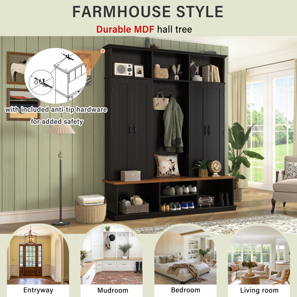 VIBE HAUS 62.2英寸宽玄关衣帽架（带长椅、3个顶部储物格及底部储物空间），美式农舍风格衣帽架（配挂钩与柜体），适用于玄关、走廊、门厅及客厅-8
