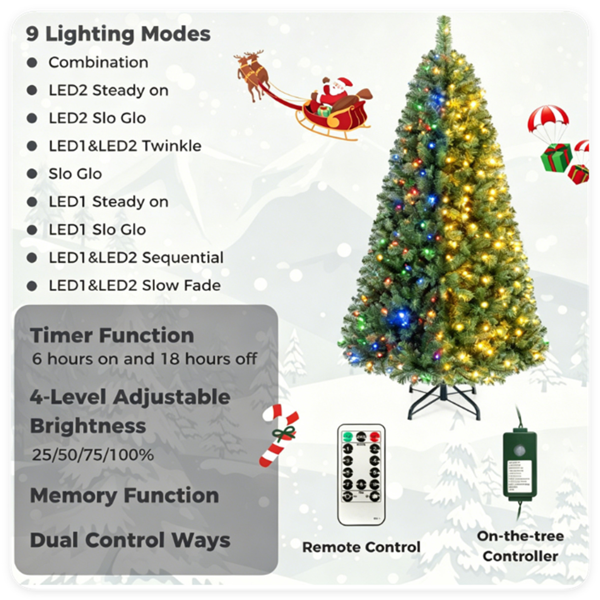 6英尺预点燃的人造圣诞树，配有350个双色LED灯，845个带遥控定时器的铰链式PVC圣诞树，9种照明模式，可折叠金属支架，用于室内节日装饰-7