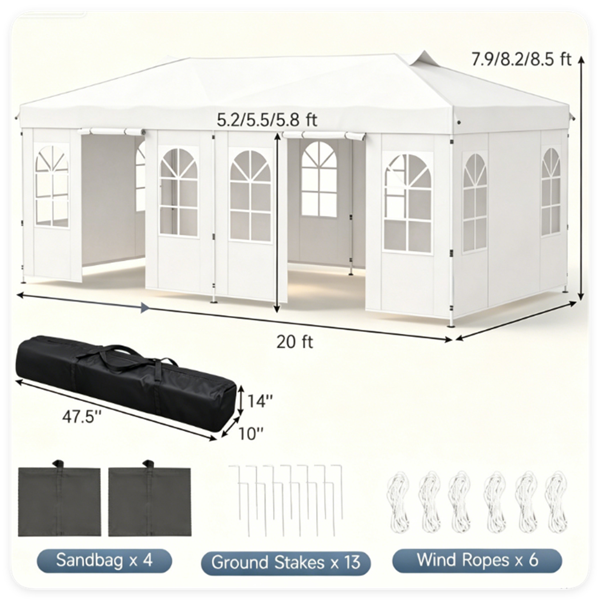 10x20ft可拆卸侧墙弹出式雨棚帐篷，3层可调高度重型金属框架户外派对凉亭防水210D牛津布带沙袋木桩婚礼市场露营风绳白色-8