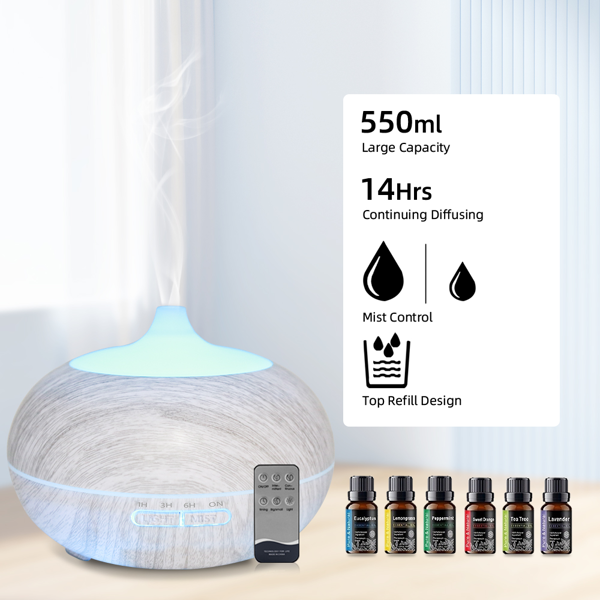 木纹多功能香薰加湿器，550ml 大容量水箱、7 色氛围灯、配遥控器，附赠 6 瓶精油-5
