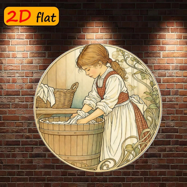 CIFbuy 2D 平面圆形铝制标牌，“复古洗衣少女墙面装饰” 英寸户外厨房适用（TikTok, temu 自提物流）-5
