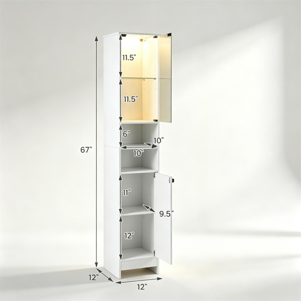 白色独立式浴室高储物柜，带可调光LED灯和遥控器，窄12x12英寸亚麻塔工程木收纳架，带玻璃门可调节架子防倾倒设计-3