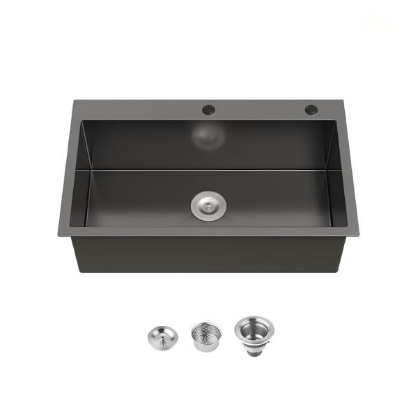 不锈钢厨房水槽，32“x19”单碗，黑色超装手工水槽，带美国标准排水管和挂钩【周末不发货，TK/TEMU订单仅支持自提，仅TX10643仓支持GOFO】-1
