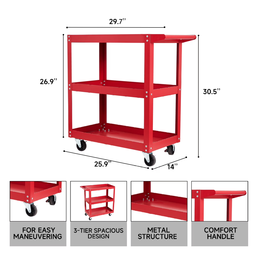 3-Tier Rolling Tool Cart Utility Cart on Wheels, 450 lb Heavy Duty Rolling Tool Cart for Warehouse, Garage view 2