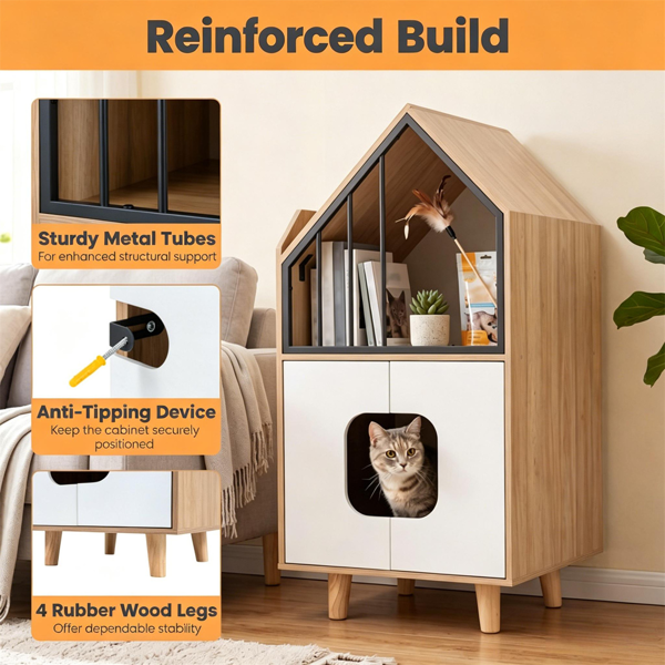 天然和白色隐藏式猫砂箱家具，高架猫休息室顶部封闭式猫卫生间橱柜，带抬高的腿，适用于客厅卧室公-8