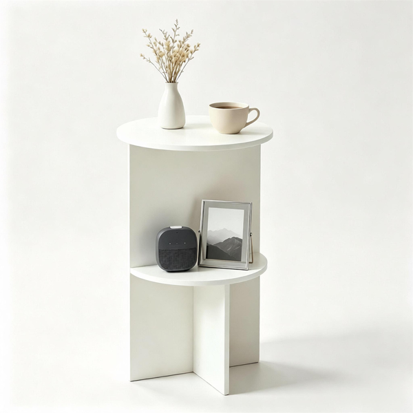 双层现代白色侧端桌工程木床头柜，带开放式储物架防刮脚垫，适用于沙发、卧室、客厅和办公室-3
