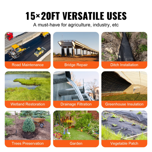 15x20英尺无纺土工布防草布 4盎司地面覆盖防草布 景观布 商业温室防草布，花园防草布，黑色（Walmart仓库发货）-4
