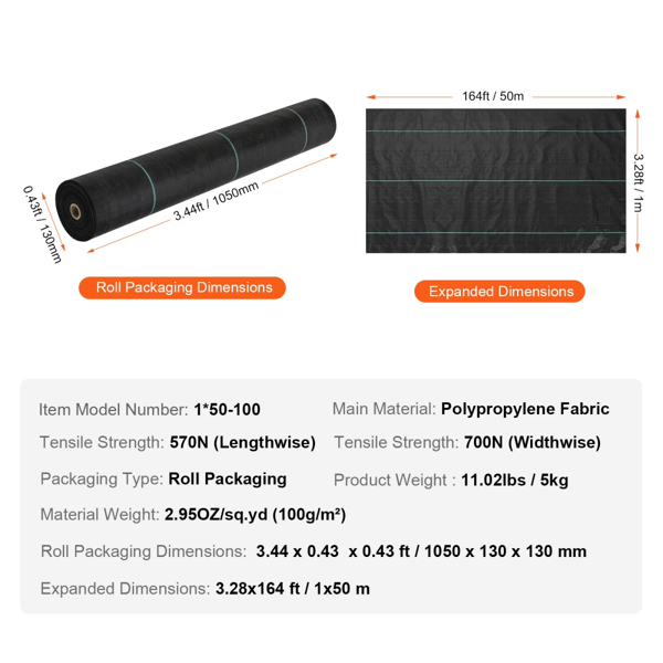 3.28*164英尺 坚固的花园除草材料，交织式聚丙烯防草布，步道材料，花园设计用土工布材料，地面保护（Walmart仓库发货）-2
