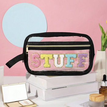 Black transparent visible makeup storage bag, colored STUFF letters, waterproof portable toiletry bag