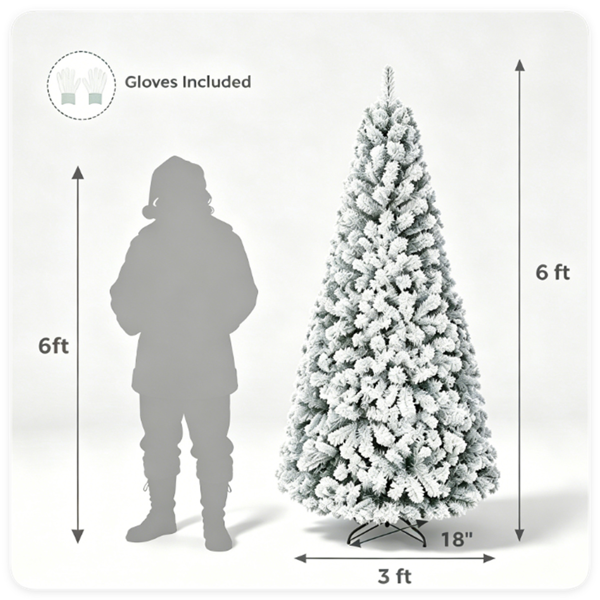 6英尺雪花植绒人造圣诞树，带600个枝梢，铰链式PVC圣诞树可折叠金属支架阻燃剂，适用于家庭办公室节日派对装饰白绿色-5