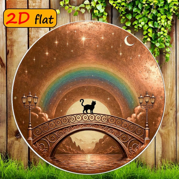 CIFbuy 2D 平面圆形铝制标牌 7.87×7.87 英寸，“7” 英寸，拱桥黑猫搭配星空彩虹夜景图案（TikTok, temu 自提物流）-3